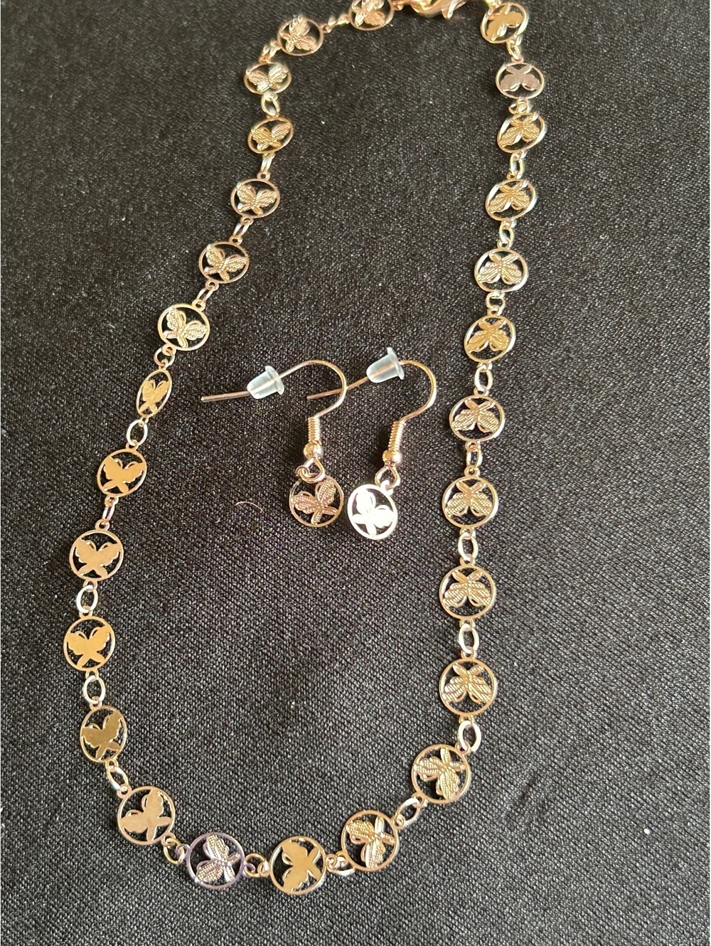 Gold Tone Butterfly Cutout Costume Necklace and Earrings Set